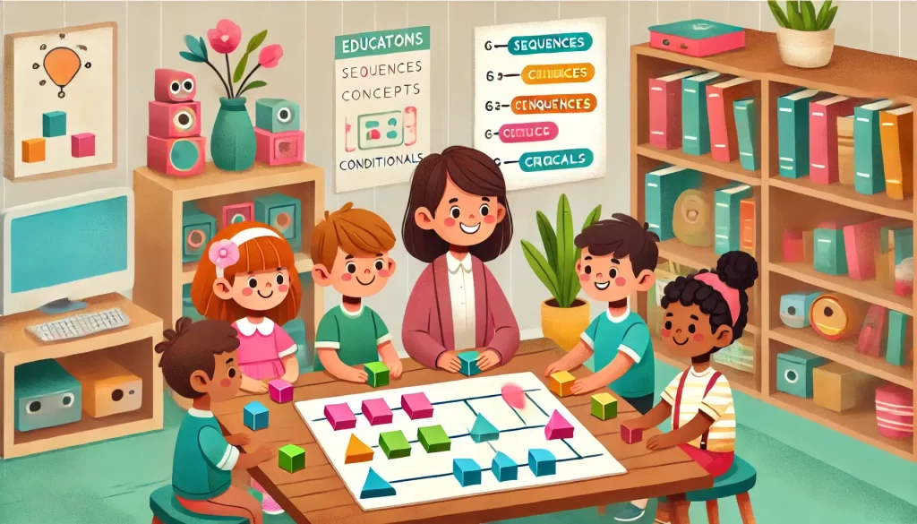 Ilustração estilo cartoon de crianças de 6 a 10 anos jogando um jogo educativo inspirado em quebra-cabeças, com peças coloridas representando conceitos de programação como sequências e condicionais. O ambiente é acolhedor, com prateleiras de jogos ao fundo e um educador sorrindo enquanto auxilia os participantes.