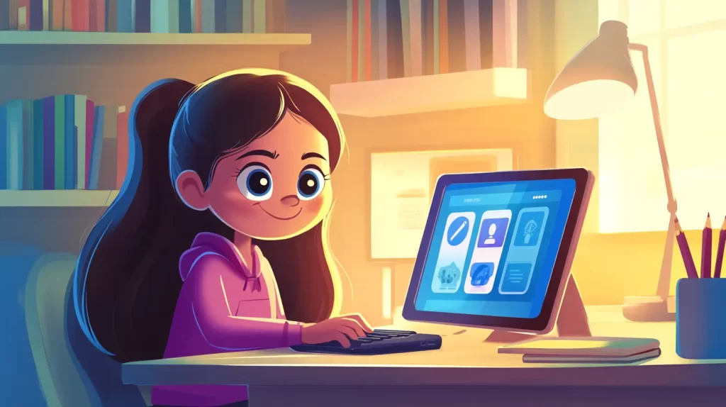 Menina em estilo cartoon, 9 anos explorando um computador em um ambiente de estudo, mostrando os benefícios dos apps multiplataforma no aprendizado infantil, como acessibilidade e flexibilidade.