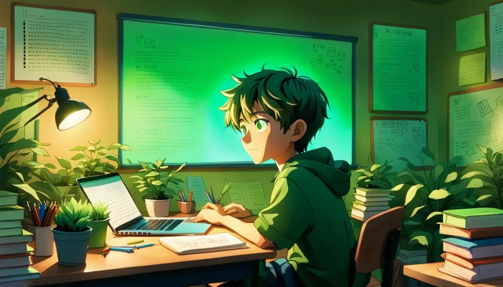 Ilustração em estilo cartoon de um menino de 9 anos usando um laptop em casa, sentado em sua escrivaninha cercada por livros e plantas.  O ambiente é acolhedor, com detalhes como livros, uma luminária na mesa e quadros de avisos na parede, simbolizando o uso de apps de programação tanto na sala de aula quanto em casa.