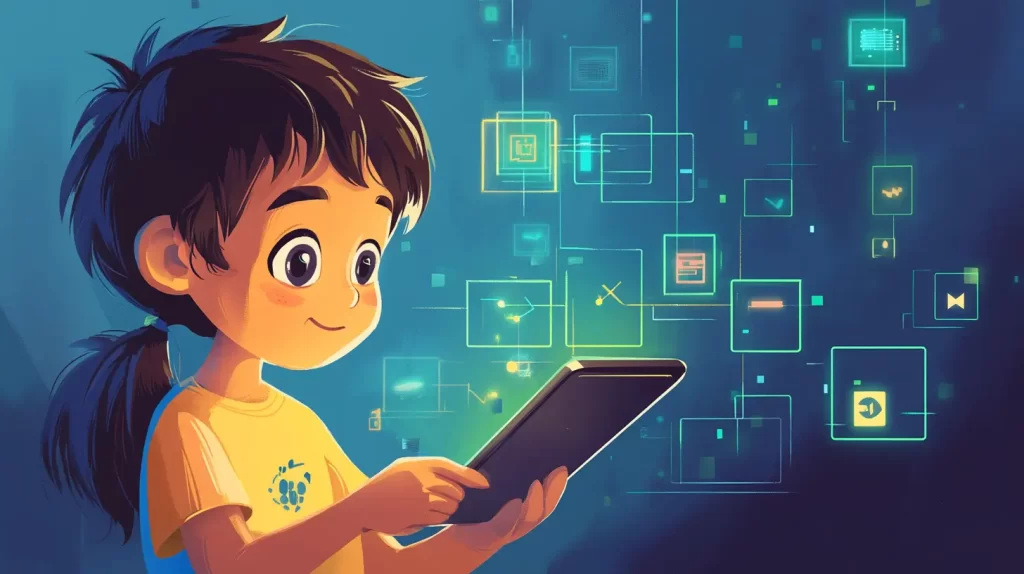 Menina em estilo cartoon, 8 anos concentrada em um tablet com um quebra-cabeça de blocos de programação, representando o impacto cognitivo dos apps de programação.