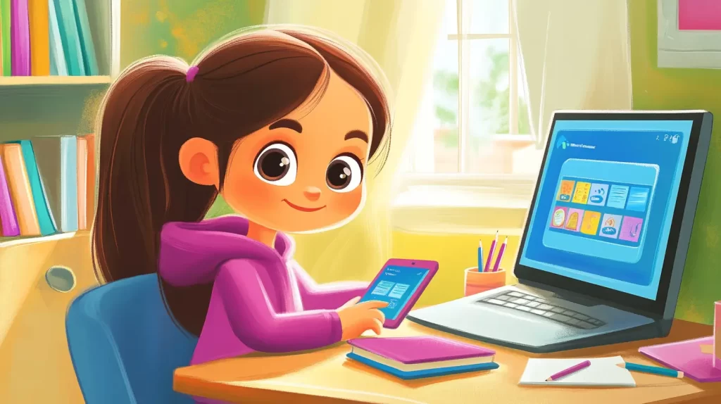 Menina em estilo cartoon, 8 anos, em uma mesa de estudos usando um laptop com um app educativo, integrada a uma rotina de estudos com materiais escolares ao redor.