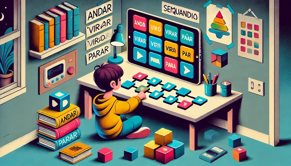 Ilustração em estilo cartoon  de um menino, 9,  sentado no chão com um tablet exibindo blocos de comandos coloridos. Ao lado, cartões organizados em sequência, como "andar", "virar" e "parar". O ambiente é acolhedor, com uma pequena estante de livros e brinquedos ao fundo, destacando o aprendizado prático e visual de sequências de comandos.