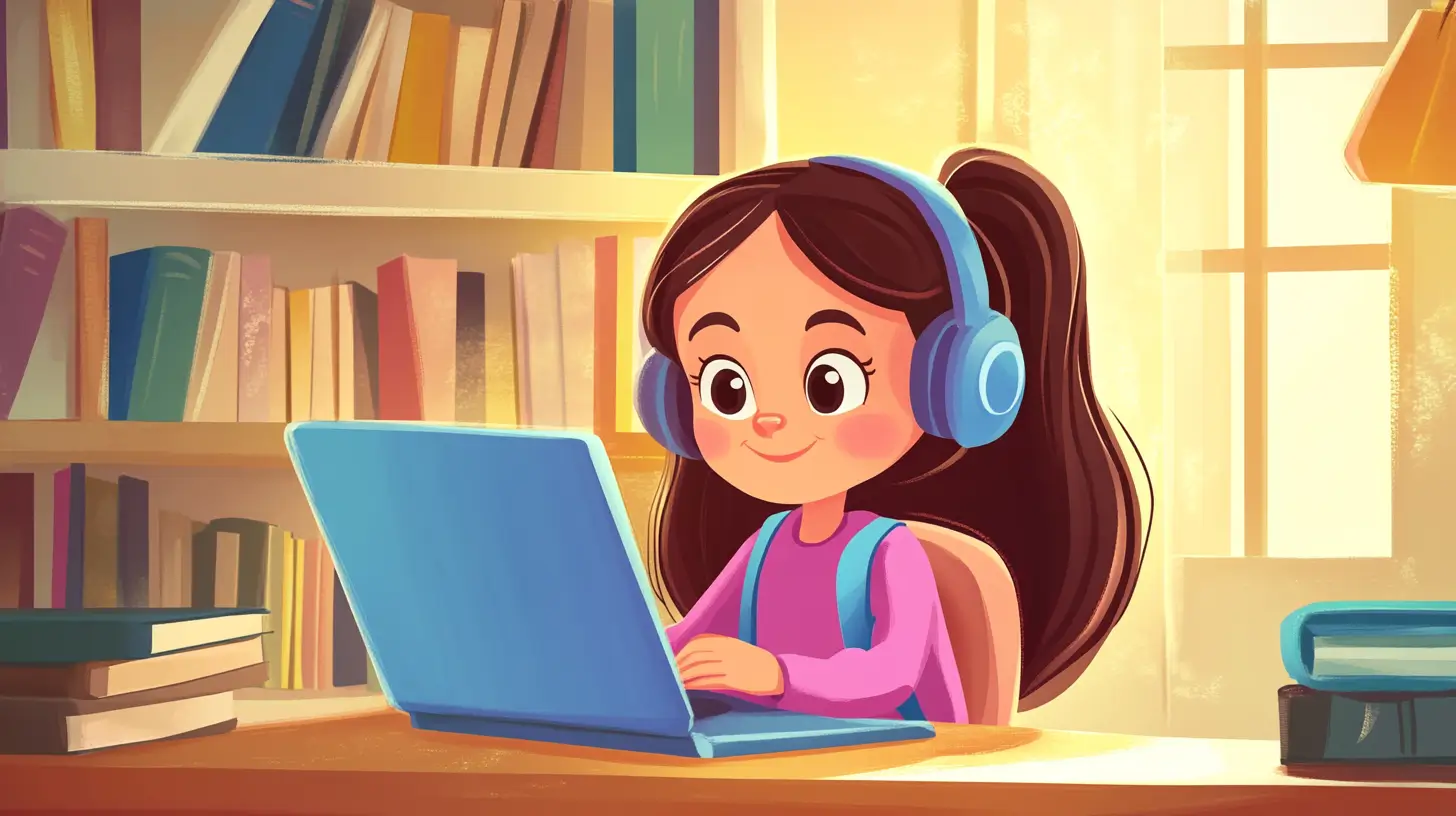 Ilustração em estilo cartoon de uma menina de 10 anos, sentada em uma mesa de biblioteca, concentrada e sorrindo levemente, usando fones de ouvido enquanto olha para um laptop.