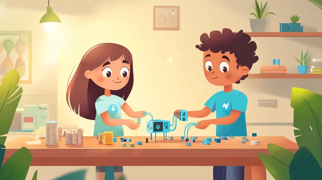 Ilustração estilo cartoon de um menino e uma menina, 8, montando um circuito lógico com peças ecológicas, usando materiais recicláveis, em uma bancada de madeira.