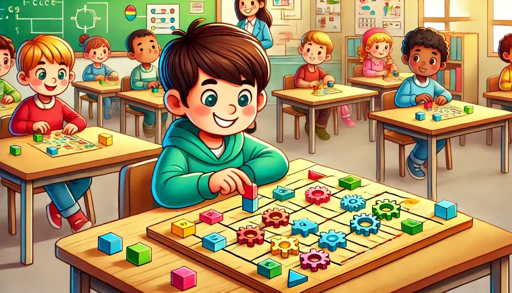 Ilustração em estilo cartoon de um menino, 7,  jogando um jogo de tabuleiro com peças representando conceitos de programação, como lógica e sequência. Ao fundo, outras crianças jogam enquanto uma professora observa com um sorriso, em uma sala de aula moderna e acolhedora.