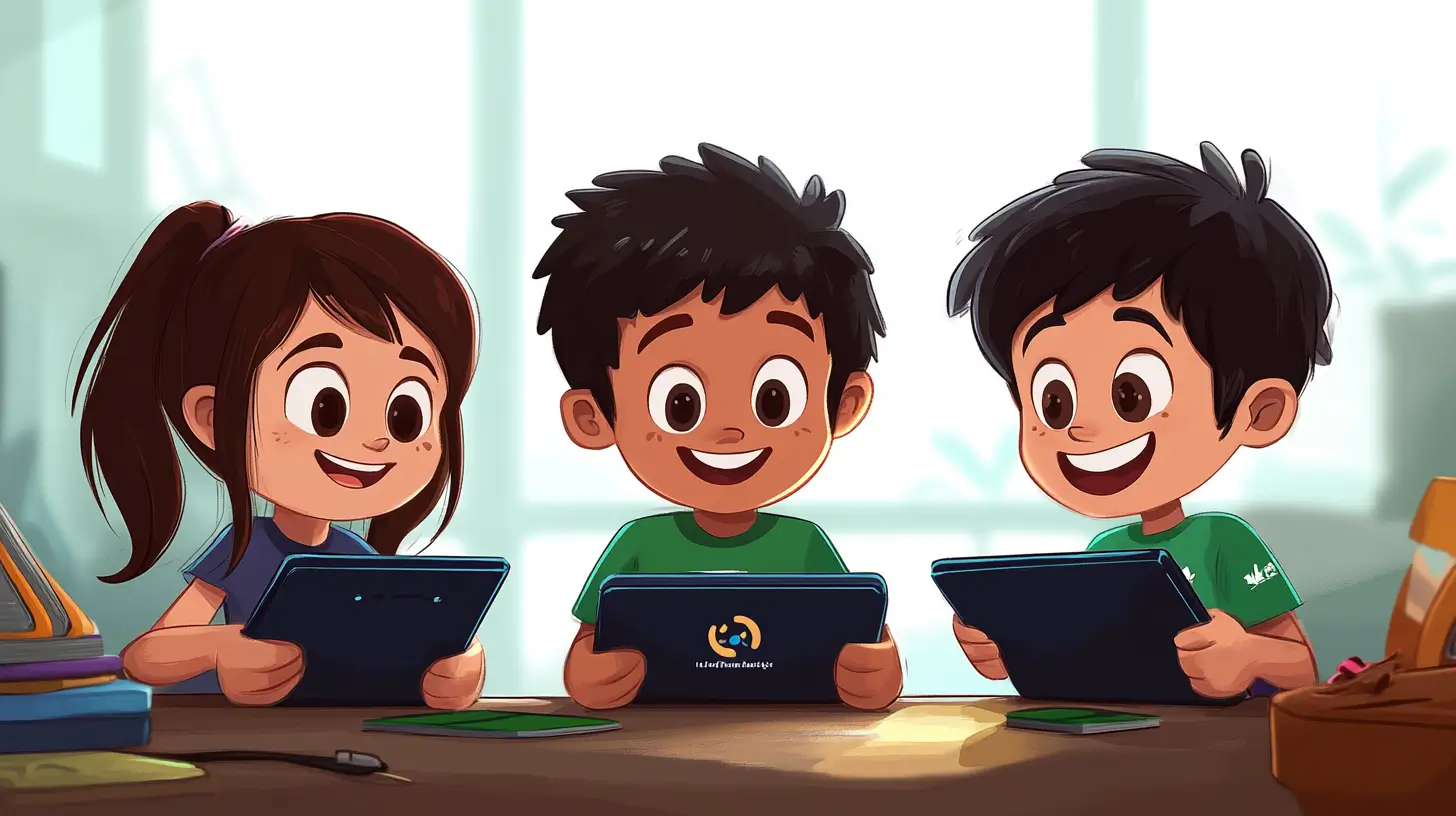 Três crianças em estilo cartoon, entre 6 e 9 anos, sorrindo enquanto interagem com tablets, mostrando entusiasmo e diversão ao usar apps educativos.