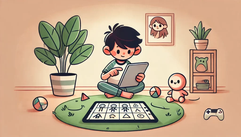 Ilustração em estilo cartoon de um menino, 7, sentado no chão com um tablet, criando um personagem simples em um jogo de programação. Ao lado, uma pequena planta e um brinquedo, em um ambiente acolhedor e limpo. A cena destaca a concentração e o papel da programação na criatividade.