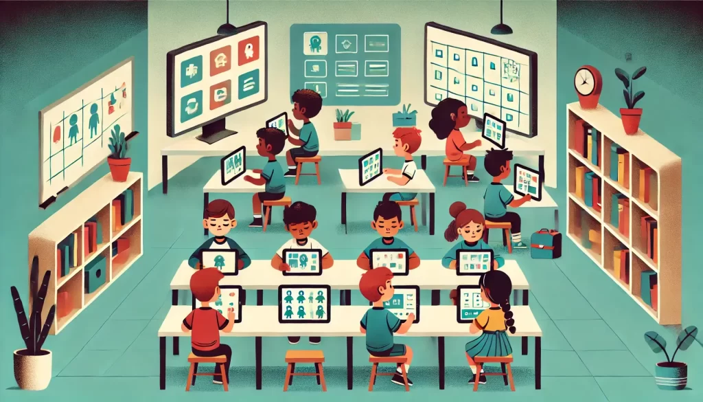 Ilustração em estilo cartoon de crianças, 7, em uma sala educativa, todas usando tablets para interagir com jogos digitais de programação. Elas programam cenários e movimentos de personagens com expressões concentradas e divertidas. Ao fundo, uma prateleira com livros e materiais educativos em um ambiente simples e acolhedor, destacando aprendizado técnico e criatividade.