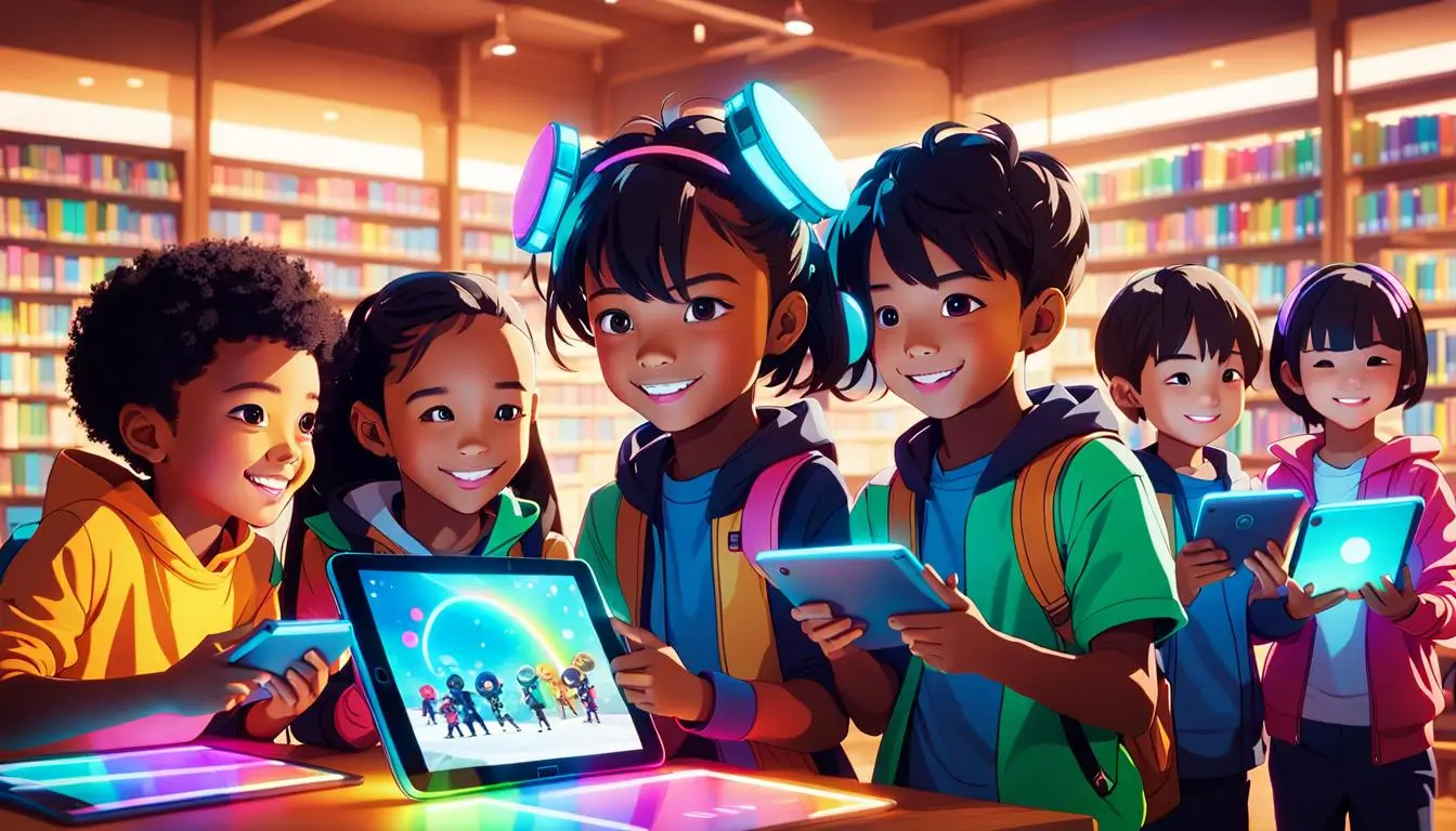 Ilustração em estilo cartoon de quatro crianças, entre 6 e 8 anos, sorridentes e de pé em frente a uma mesa colorida de biblioteca. Cada criança segura um tablet, e uma menina de 8 anos fala animadamente sobre a tela do seu tablet, que mostra personagens. Atrás delas, um casal de alunos também está de pé com seus tablets. O ambiente vibrante e acolhedor destaca o aprendizado colaborativo e criativo por meio de tecnologia.