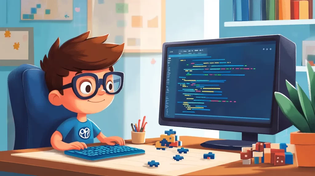 Menino em estilo cartoon, 8 anos usando um computador para atividades de programação, um quebra-cabeça e blocos de construção ao lado, representando habilidades como resolução de problemas, criatividade e pensamento crítico desenvolvidas durante o aprendizado.