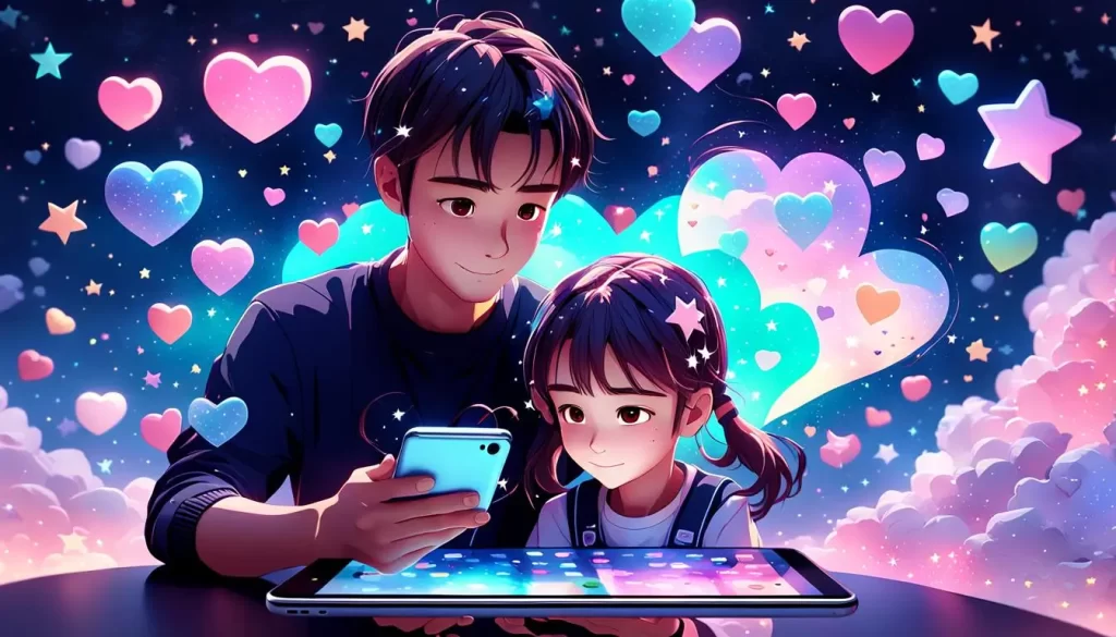 Ilustração em estilo cartoon de um pai e sua filha de 8 anos analisando juntos opções de aplicativos em um celular e um tablet. Ícones flutuantes de estrelas e corações representam escolhas certeiras e diversão educativa.