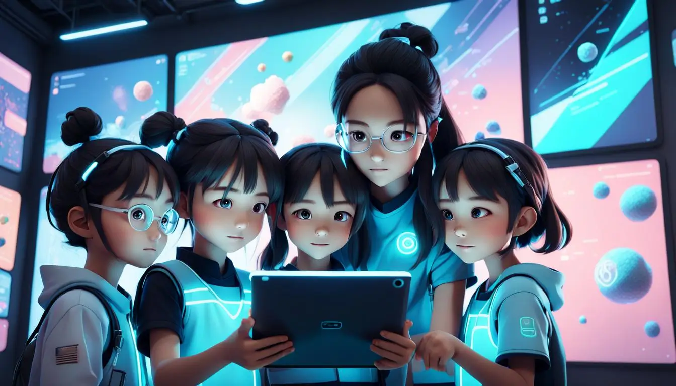 Ilustração em estilo cartoon de uma educadora com um tablet, orientando um grupo de meninas de 6 anos em um ambiente acolhedor com elementos gráficos de tecnologia ao fundo, representando apps interativos e aprendizado.