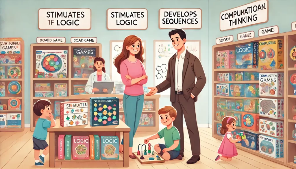 Ilustração estilo cartoon de mãe em uma loja de brinquedos educativos conversando com um educador sobre jogos que estimulam pensamento computacional, enquanto seus filhos (4 e 6 anos) e sua filha (2 anos) brincam a sua frente com jogos interativos.