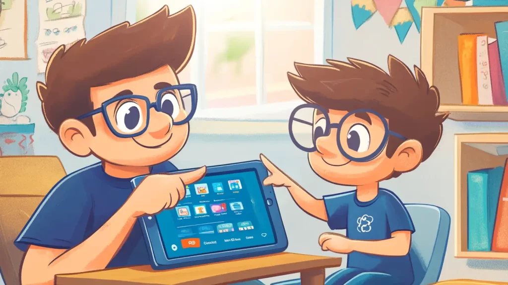 Pai em estilo cartoon, ao lado do filho de 5 anos, analisando juntos as opções de apps de programação infantil em um tablet, representando o processo de escolha guiada.