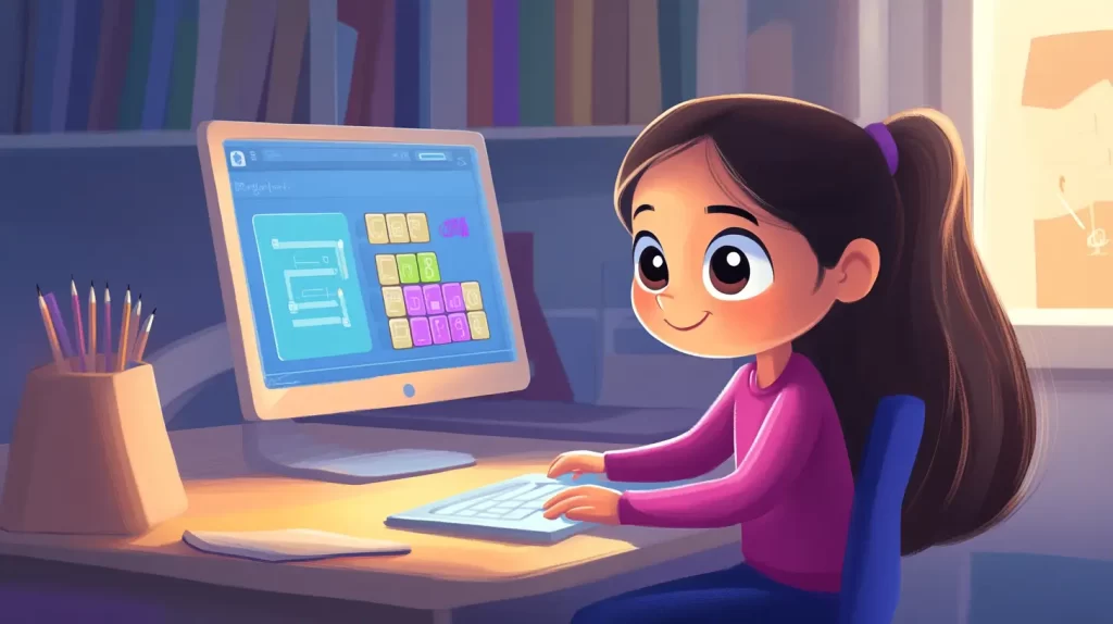 Menina em estilo cartoon, 8 anos, concentrada usando um computador com blocos de programação na tela, em um ambiente simples e organizado.