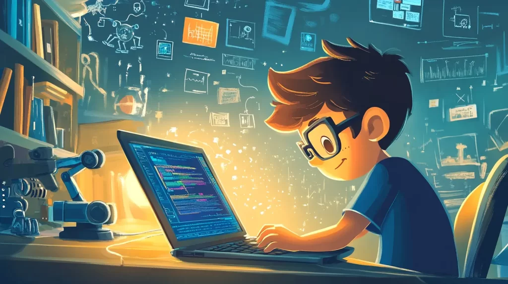 Menino em estilo cartoon, 10 anos, usando um laptop, cercada por ícones que representam habilidades e profissões do mercado de trabalho do futuro, como programação e inteligência artificial.