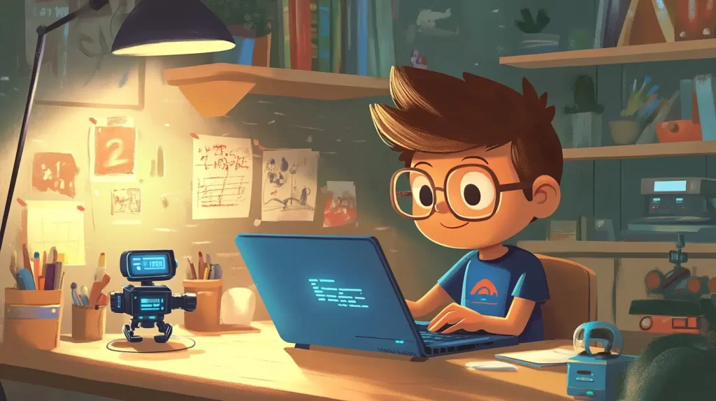 Menino em estilo cartoon, 5 anos, usando um laptop, próximo a um robô de brinquedo representando a cultura tecnológica desde a infância.