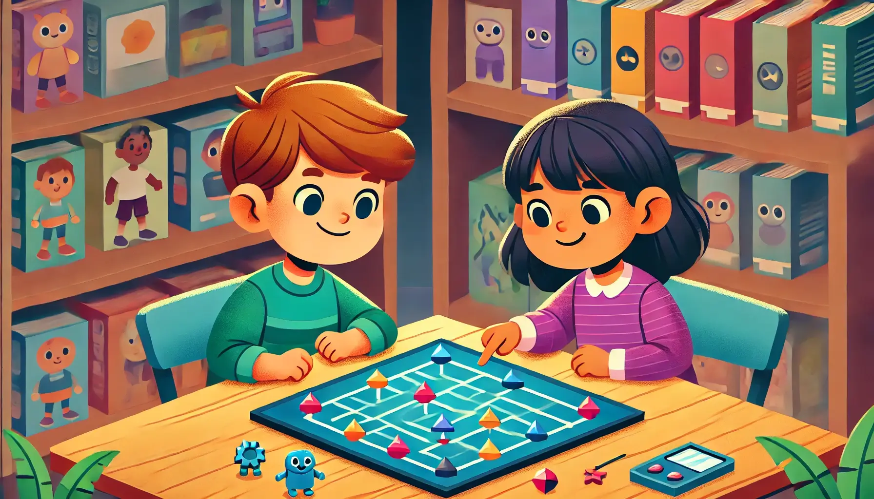 Ilustração estilo cartoon de menino e menina de 8 anos jogando um jogo de tabuleiro interativo com símbolos de programação, enquanto um educador observa e incentiva. O ambiente é iluminado e educativo, com prateleiras de jogos ao fundo.