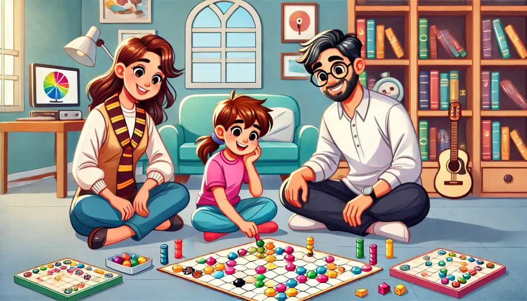 Ilustração estilo cartoon de uma família reunida na sala de estar, jogando um jogo de tabuleiro que estimula o pensamento computacional. O pai e a mãe ajudam sua filha, 7, a organizar peças coloridas enquanto ela planeja sua jogada, em um ambiente descontraído e acolhedor.