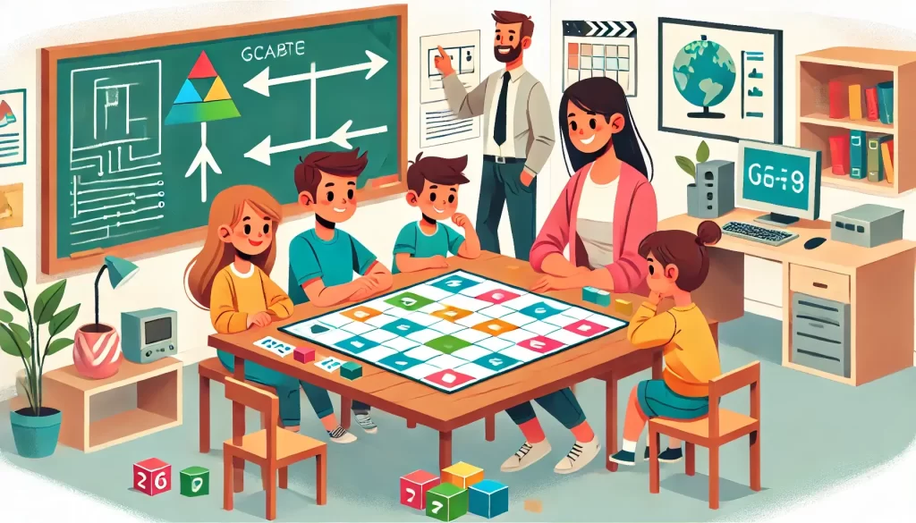 Ilustração em estilo cartoon de uma família jogando um jogo de tabuleiro educativo em uma mesa em casa. As peças coloridas do jogo têm símbolos básicos de programação, como setas e blocos. Ao fundo, um professor simula explicação em um ambiente de sala de aula. A cena transmite diversão e aprendizado em um ambiente organizado e acolhedor.