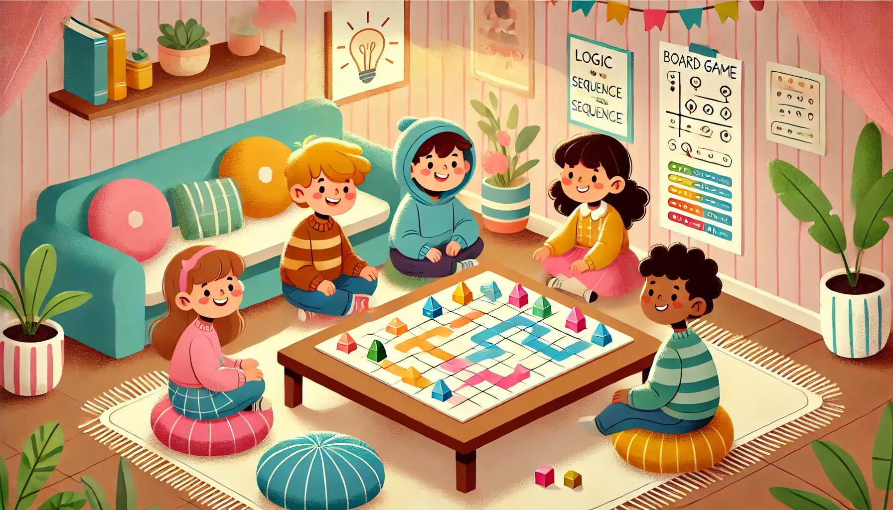 Ilustração em estilo cartoon, crianças jogando um jogo de tabuleiro educativo que ensina lógica de programação, com peças coloridas e um ambiente descontraído e envolvente.