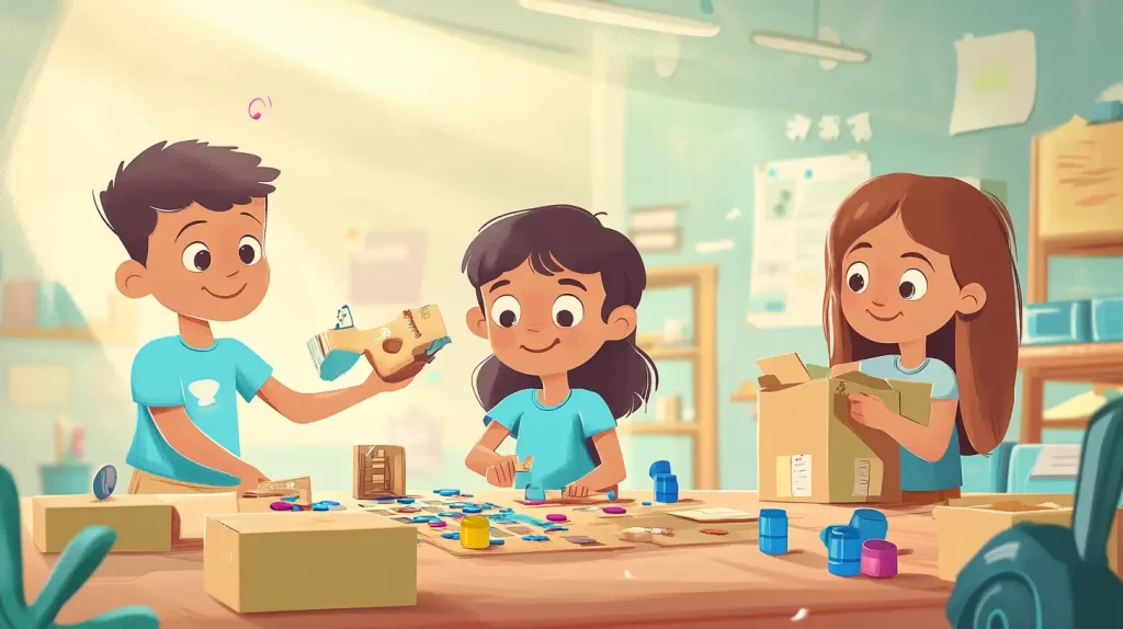 Ilustração estilo cartoon de um menino e duas meninas, 8, criando jogos de tabuleiro com pedaços de papelão e tampinhas de garrafa em uma oficina criativa.