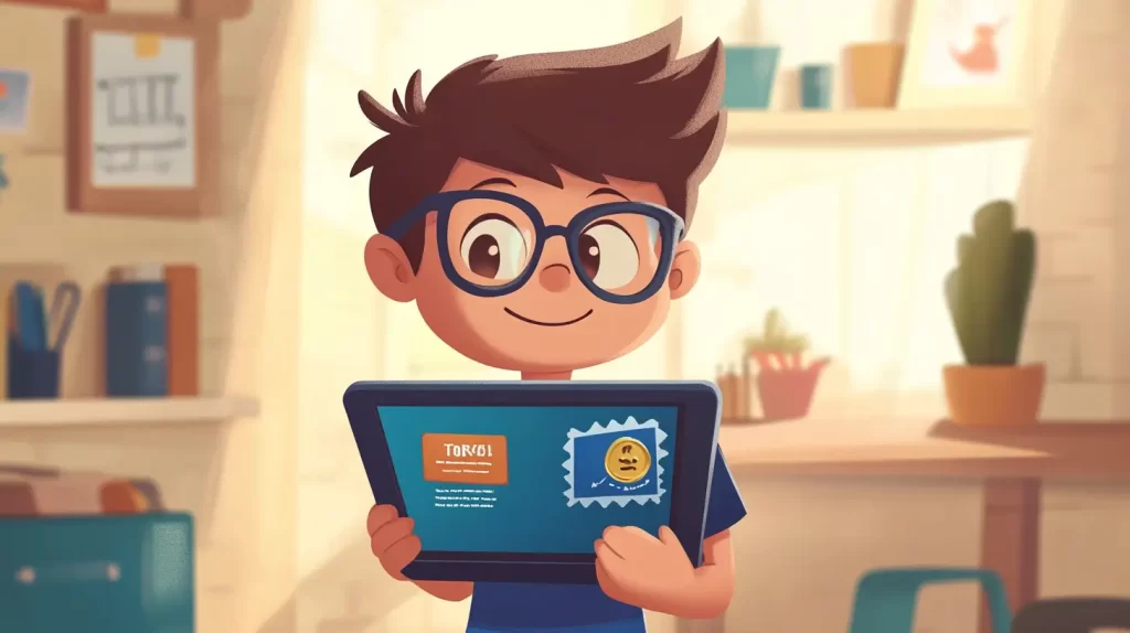 Menino em estilo cartoon, 6 anos usando um tablet com um selo de 'Melhor Escolha' na tela, representando um dos melhores apps de programação infantil.