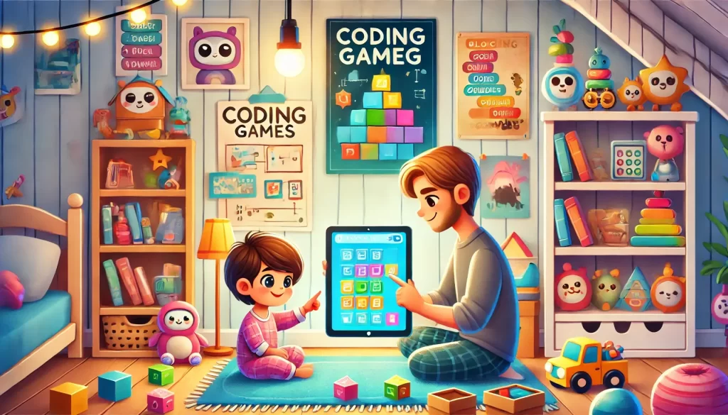 Ilustração em estilo cartoon de um pai e seu filho, 5, explorando jogos de programação em um tablet, em um ambiente iluminado e educativo com brinquedos, livros e pôsteres sobre programação ao fundo.