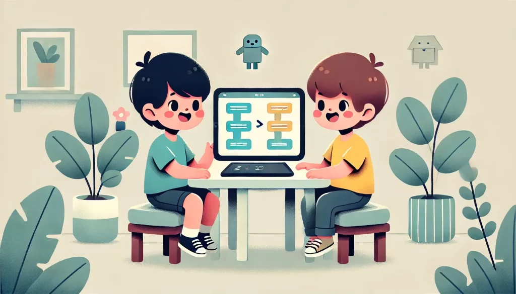 Ilustração estilo cartoon de dois meninos, 9, trabalhando juntos em um tablet, com uma tela exibindo blocos simples de programação. Ambas sorriem, destacando habilidades como colaboração e comunicação. O ambiente é acolhedor, com uma mesa pequena e vasos de plantas.