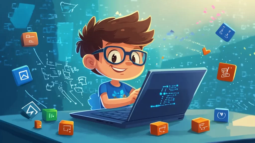 Menino em estilo cartoon, 7 anos, usando um laptop cercado por ícones de lógica, resolução de problemas e criatividade, representando os ensinamentos da programação infantil.