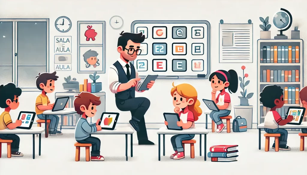 Ilustração em estilo cartoon mostrando um educador entre sete crianças, sentadas em uma sala de aula simples e organizada. Ao fundo, há uma estante com livros e materiais educativos. Todos estão atentos às orientações do professor enquanto seguram um tablet com um jogo de programação, destacando o uso colaborativo dessa ferramenta no aprendizado.