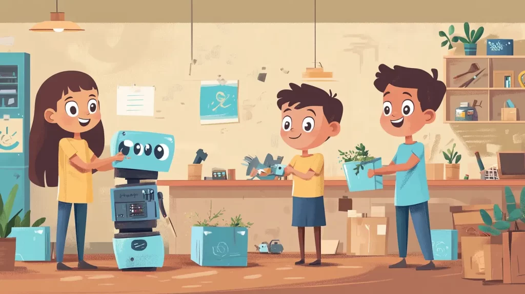 Ilustração estilo cartoon de dois meninos, 8, e uma menina, 9, apresentando seu robôs feito de sucata e programados para tarefas ecológicas, em um espaço compartilhado criativo.