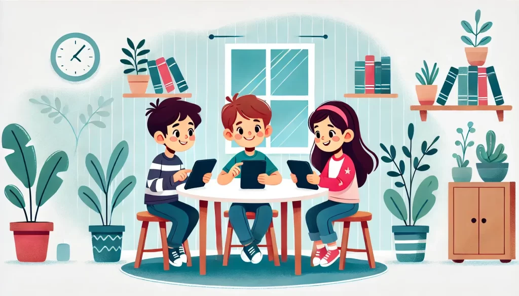 Ilustração estilo cartoon de dois meninos e uma menina, 10, sentados ao redor de uma mesa, cada uma com um tablet. Eles interagem, discutem e sorriem enquanto resolvem juntos um desafio de programação. O ambiente é acolhedor e simples, com plantas nos cantos, dois nichos de decoração na parede com livros e um pequeno armário ao fundo, destacando o desenvolvimento de habilidades colaborativas.