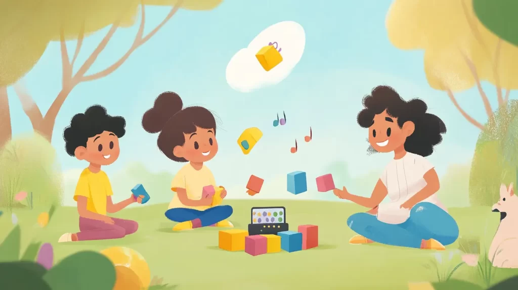 Ilustração estilo cartoon de um menino, 7, uma menina, 8, sentados em um gramado, organizando blocos coloridos que representam sons e notas musicais. Elas testam as sequências tocando em um pequeno dispositivo. Uma mãe ao lado sorri e incentiva. O cenário é aberto, com árvores e um céu azul ao fundo.