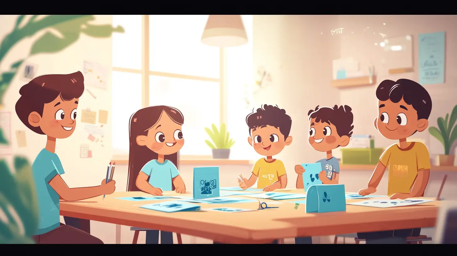 Ilustração estilo cartoon de rês meninos e duas meninas (7, 8,10), sentados ao redor de uma grande mesa, montando sequências com peças de papel. Eles criam padrões simples de forma organizada. O ambiente é iluminado, com uma planta ao fundo e decoração minimalista com tons suaves.