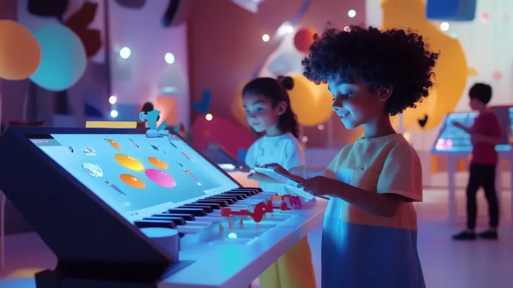 Ilustração estilo cartoon de um menino e uma menina, 8, em uma sala moderna, usando tablets para projetar instrumentos digitais, como teclados. Cada criança testa os sons no dispositivo. O ambiente tem decoração tecnológica com elementos vibrantes.