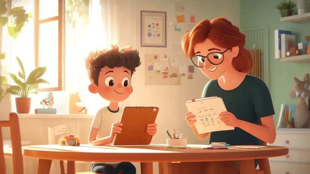 Ilustração estilo cartoon de um menino, 10, sentado na mesa da sala de jantar, usando tablets para personalizar seus diários digitais com adesivos virtuais e desenhos coloridos. Sua mãe está ao lado, segurando um caderno com sugestões criativas. A sala é iluminada, com luz natural entrando pela janela e brinquedos espalhados ao fundo.