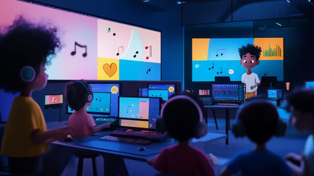 Ilustração estilo cartoon de um grupo de crianças em uma sala com computadores e fones de ouvido, revisando individualmente suas músicas. O educador passa de mesa em mesa, ouvindo e dando dicas. A sala é decorada com pôsteres de música e tecnologia.