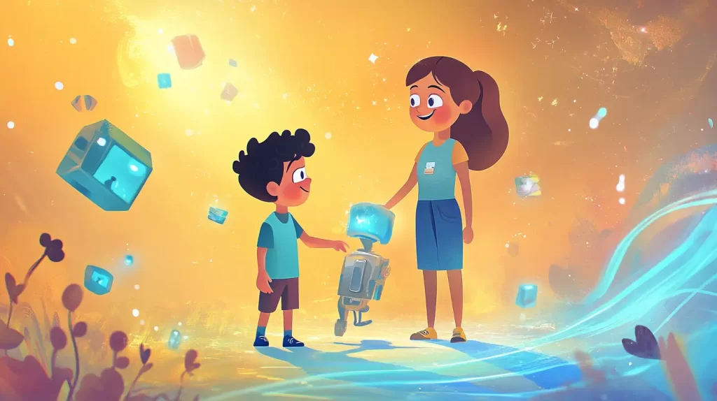 Ilustração estilo cartoon de uma mãe e seu filho, 7, interagindo com um robô onde formas coloridas e texturas ganham vida, cercadas por um ambiente cheio de luz e energia.