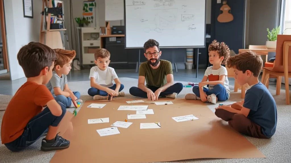 Ilustração estilo cartoon de um grupo de crianças, 7, reunidas em círculo, ouvindo com atenção as orientações do educador de como estruturar o diário digital que estão em folhas de papel. O ambiente é iluminado e acolhedor, com decoração simples ao fundo, criando uma atmosfera colaborativa e concentrada.