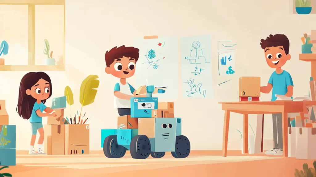 Ilustração estilo cartoon de uma menina e um menino, 7, trabalhando juntos para montar um robô simples com materiais recicláveis, como caixas de papelão e tampinhas, enquanto seguem uma sequência de instruções em um cartaz ao lado. Um educador sorri enquanto observa as crianças darem vida ao projeto. O ambiente é iluminado e decorado com materiais de arte e plantas.