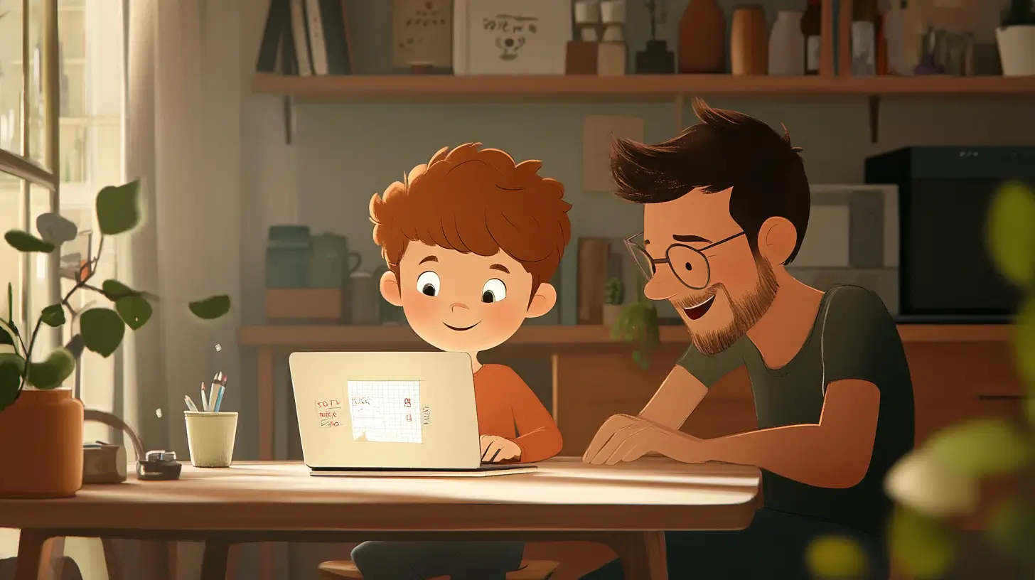 Ilustração estilo cartoon de um menino, 9, sentado em uma mesa de jantar, usando um laptop para escrever e desenhar no seu diário digital de programação. Seu pai está ao lado, sorrindo e dando ideias. A sala de jantar é aconchegante, com uma janela que deixa entrar luz natural.