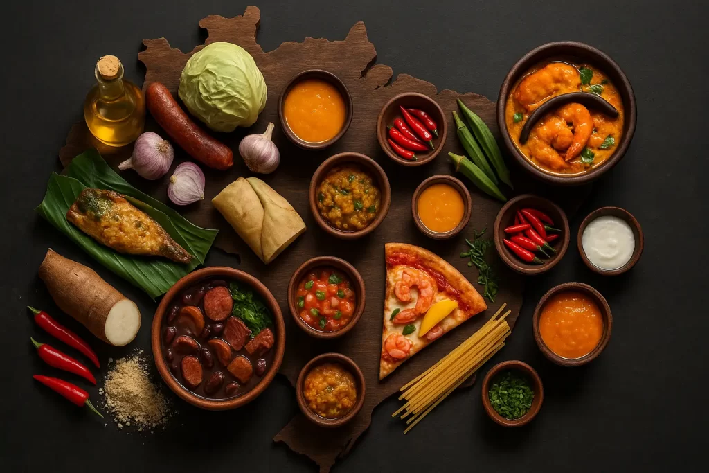 Imagem de mapa estilizado do Brasil formado por pratos e ingredientes típicos de influências indígenas, africanas, europeias e imigrantes, dispostos sobre fundo escuro.