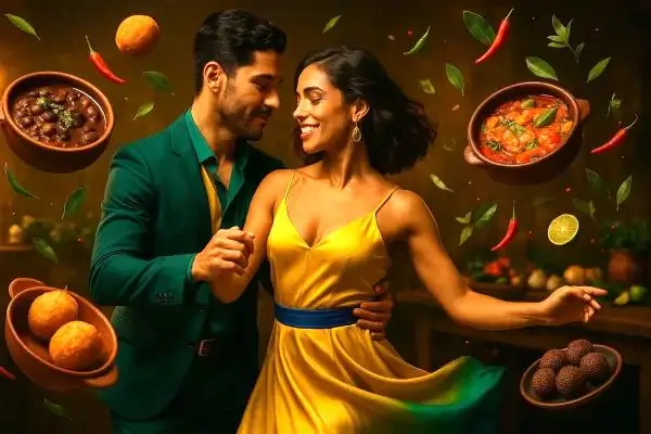 Imagem de um casal brasileiro dançando em cozinha festiva, rodeado por pratos tradicionais como feijoada, acarajé, moqueca e brigadeiros flutuando com ingredientes típicos.