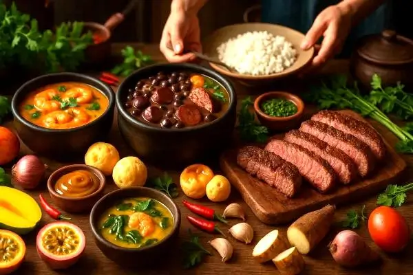 Imagem de uma mesa com pratos típicos brasileiros, incluindo feijoada, moqueca, arroz, carne grelhada e acompanhamentos, dispostos com ingredientes frescos ao redor.