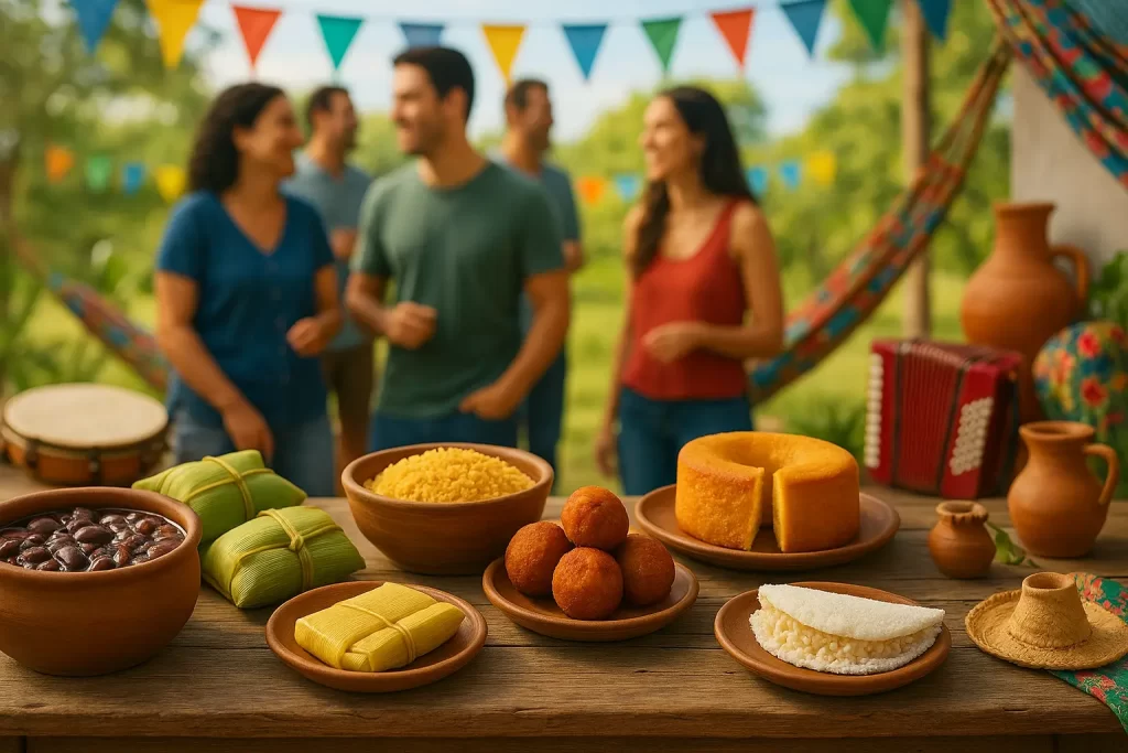 Imagem de uma mesa com pratos típicos brasileiros e elementos culturais ao fundo, celebrando a diversidade e o contexto da culinária nacional.